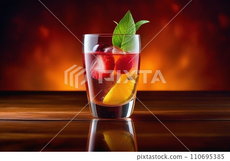 colorful cocktail in glass with splashes and lemon on dark background. splash of drink from a glass with reflection colorful cocktail in glass with splashes and lemon on dark background. splash of drink from a glass with reflection 110695385