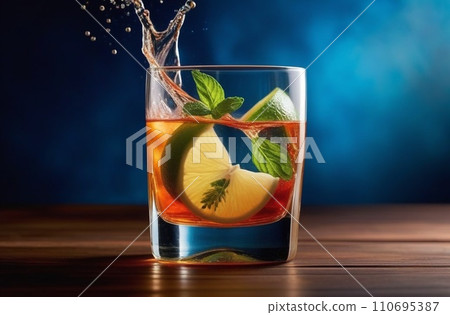 colorful cocktail in glass with splashes and lemon on dark background. splash of drink from a glass with reflection colorful cocktail in glass with splashes and lemon on dark background. splash of drink from a glass with reflection 110695387