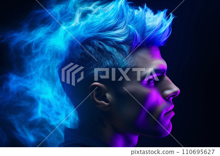 Blond young man portrait with neon painted face Blond young man portrait with neon painted face 110695627