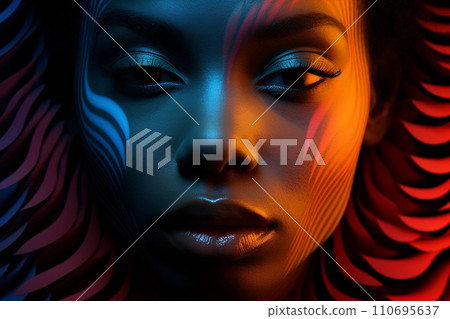 Black beautiful young woman portrait with digital holografic effect Black beautiful young woman portrait with digital holografic effect 110695637