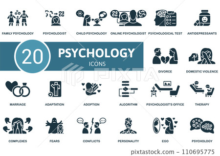 Psychology icons set. Creative icons: family psychology, psychologist, child psychology, online psychology, psychological test and more 110695775