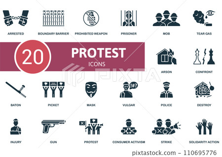 Protest icons set. Creative icons: arrested, boundary barrier, prohibited weapon, prisoner, mob, tear gas, arson, confront and more 110695776