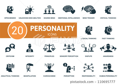 Personality icons set. Creative icons: open-minded, unlocking new abilities, shared mind, emotional intelligence, mind trigger, critical thinking and more 110695777