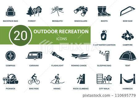 Outdoor recreation icons set. Creative icons: backpack bag, forest, mosquito, binoculars, boots, bow saw, camp water canteen and more 110695779