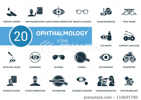 Ophthalmology set. Creative icons: contact lenses, ophthalmologist, laser vision correction, medical glasses, color blindness, trial frame and more 110695780