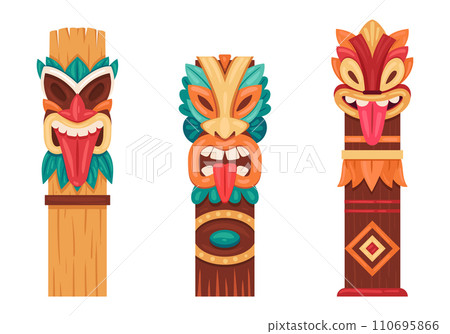 Aboriginal wooden statues. Tiki pole totems, ritual hawaiian and african traditional carving sculptures flat vector illustration set. Ethnic indigenous pole totems 110695866