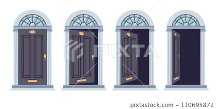 Door in various positions. House entrance door animation, opened and closed wooden doors flat vector illustration set. Close and open door Door in various positions. House entrance door animation, opened and closed wooden doors flat vector illustration set. Close and open door 110695872