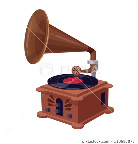 Vintage gramophone player. Retro gramophone, antique music device for listening music flat vector illustration. Cartoon old gramophone 110695875