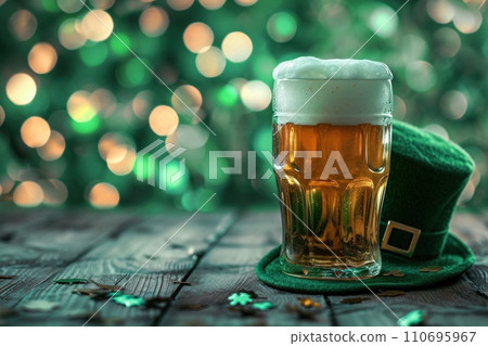 AI-generated content. Patrick Day green beer and green hat on blurred green leprechaun background. Festive traditional beverage. AI-generated content. Patrick Day green beer and green hat on blurred green leprechaun background. Festive traditional beverage. 110695967
