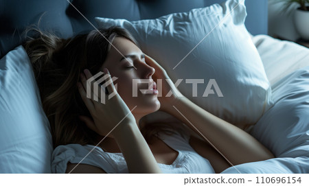 AI-generated content. Woman Resting Comfortably in Bed, Eyes Closed, Peacefully Asleep, Relaxing 110696154