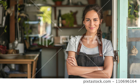 AI-generated content. Woman Standing in Kitchen With Arms Crossed 110696164
