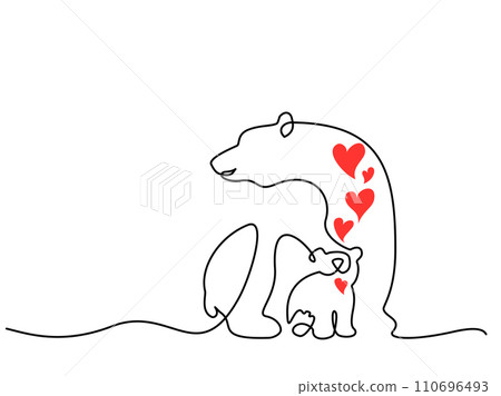 Continuous one line drawing. Polar bear with baby cub 110696493