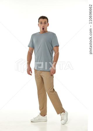 surprised guy looking at camera on white studio background 110696662