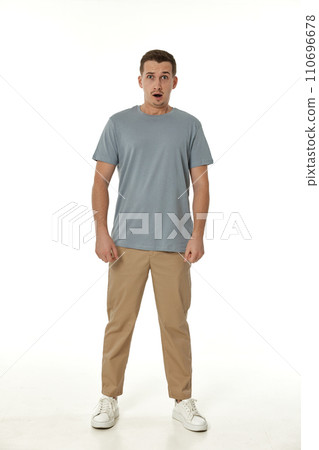surprised guy looking at camera on white studio background surprised guy looking at camera on white studio background 110696678