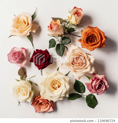 Different rose varieties flowers on a white background, beautiful floral background, wonderful natural wallpaper, Different rose varieties flowers on a white background, beautiful floral background, wonderful natural wallpaper, 110696724