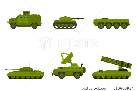 large selection of military equipment tanks army 110696934