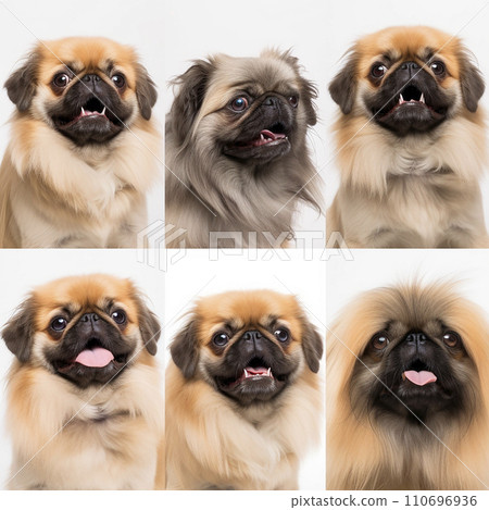 Collage of portraits of Pekingese dogs, various emotions of a cute pet, for advertising zoological products, food and packaging design 110696936