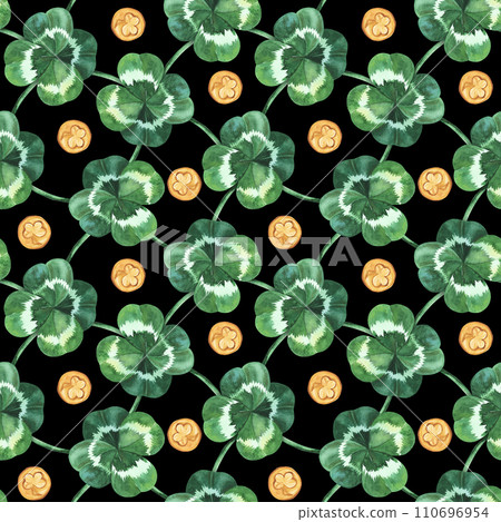 St.Patrick's day seamless pattern with watercolor clover leaves and golden coins on black background. Hand drawn. For paper, fabric, texile design, web 110696954