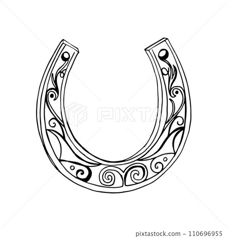 Vector icons horseshoe - symbol of luck. Linear and silhouettes symbols. Hand drawn sketch illustration on white background. Saint patrick's day 110696955
