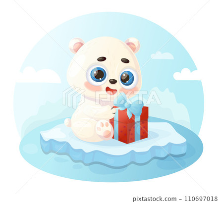 Cute cartoon polar bear with gift on ice floe. Vector illustration in style with animal character. Kids collection. 110697018