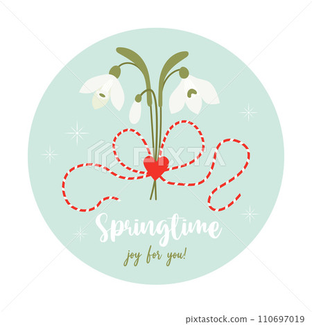 Martisor. Springtime. Traditional holiday red and white accessory Martenitsa with bouquet of snowdrop flowers. Symbol for spring beginning. 1 March. Vector illustration in flat style. 110697019