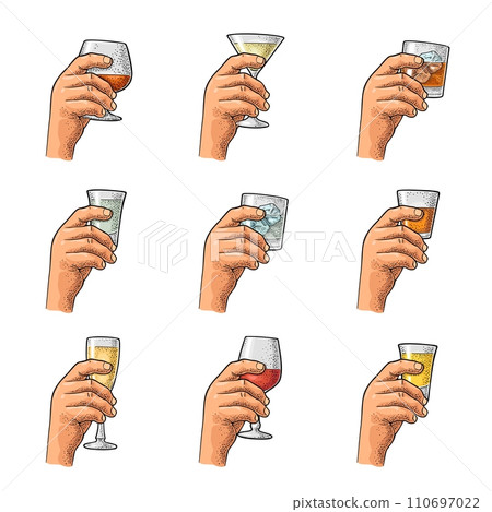 Hand holding glass tequila, vodka, rum, cognac, whiskey, gin, cocktail. Hand holding glass tequila, vodka, rum, cognac, whiskey, gin, cocktail. 110697022