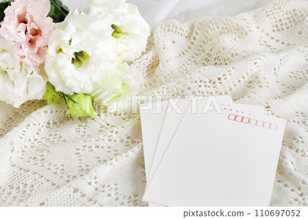 Postcard, fabric and lisianthus background material - natural image 110697052