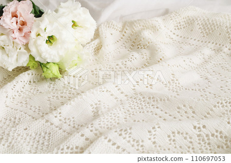 Lace and linen fabric and lisianthus background material - natural image 110697053