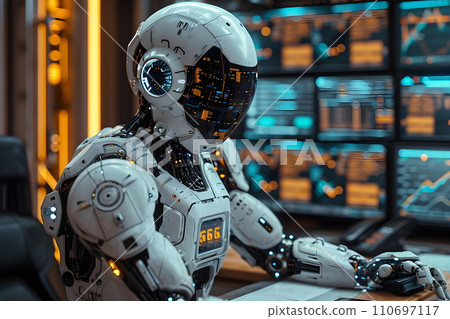 A cyborg sits at a desk in a high-tech luxurious office. Background is blurred many screens. It indicates that world systems such as the economy or finance sometimes it can be controlled by computer. 110697117
