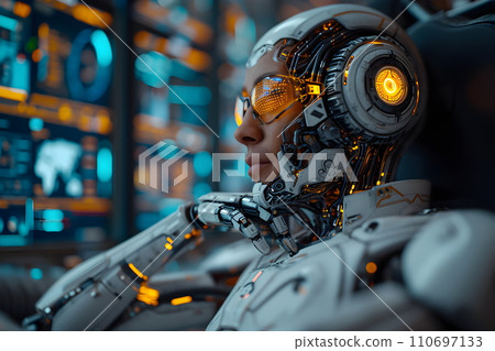 A cyborg sits at a desk in a high-tech luxurious office. Background is blurred many screens. It indicates that world systems such as the economy or finance sometimes it can be controlled by computer. A cyborg sits at a desk in a high-tech luxurious office. Background is blurred many screens. It indicates that world systems such as the economy or finance sometimes it can be controlled by computer. 110697133