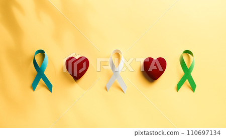 Ribbon and heart on yellow background for cancer awareness day Ribbon and heart on yellow background for cancer awareness day 110697134