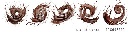 AI-generated content. Set of a chocolate spirals isolated on white or transparent background. Close-up of a spirals of fresh milk chocolate. An element to be inserted into a design or project. 110697211