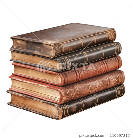 AI-generated content. Folded old books isolated on transparent background. Old paper, old stories. Side view. Folded closed old books as a design element for insertion into a design or project. 110697213