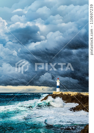 Illustration of a lighthouse built on the cape of rough seas 110697239