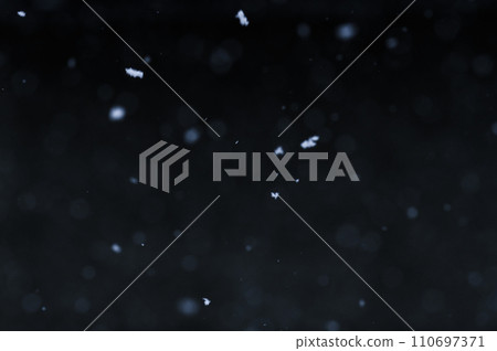 Bokeh of white snow on a black background. Falling snowflakes on night sky background, isolated for post production and overlay in graphic editor. 110697371