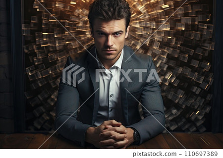 A man in a business suit is sitting at the table. 110697389