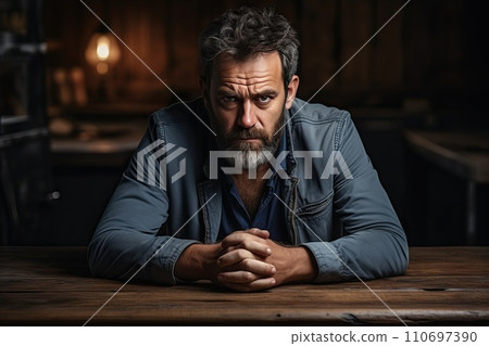 Sad man sitting at the table, emotional and depressed state of a person. 110697390
