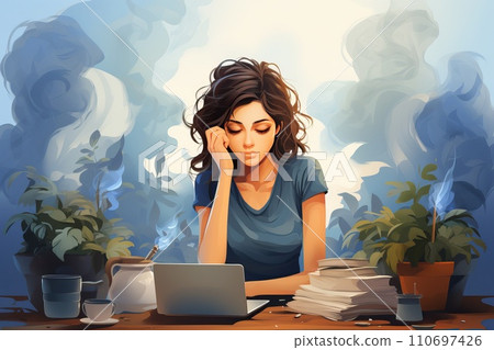 The girl is sitting at the table and looking at the laptop, tiredness and emotional burnout from work. illustration concept of overload in the workplace. The girl is sitting at the table and looking at the laptop, tiredness and emotional burnout from work. illustration concept of overload in the workplace. 110697426