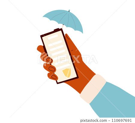 Exchange of documents with secured system technological platform. Online mobile signing confidentiality contract. Hand with phone and umbrella and business paper sign. Exchange of documents with secured system technological platform. Online mobile signing confidentiality contract. Hand with phone and umbrella and business paper sign. 110697691