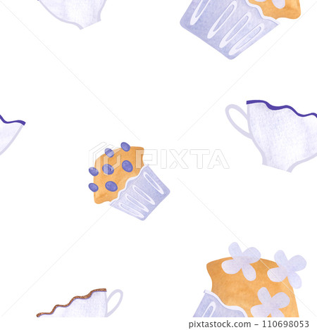 Breakfast: tea, coffee, croissants, muffins, kettle, cups. Seamless watercolor pattern on a white background. 110698053