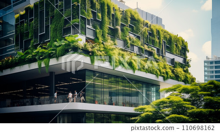 AI-generated content. Modern hotel or glass office building with beautiful garden outside, Eco friendly building in the modern city. 110698162