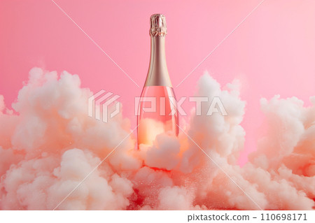Champagne bottle flies up like a rocket. Champagne rocket launch as a symbol of holiday and party, beginning of vacation, travel or celebration. Party minimal concept 110698171