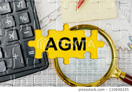Puzzle with a calculator, magnifying glasses and financial documents in the center inscription -AGM 110698285