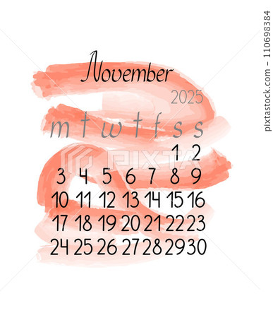 Calendar monthly template for November 2025 in simple minimalist style vertical portrait orientation, abstract colorful shapeless background, week starts on Monday, vector printable page Calendar monthly template for November 2025 in simple minimalist style vertical portrait orientation, abstract colorful shapeless background, week starts on Monday, vector printable page 110698384
