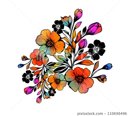 Colored bright and black flowers. hand drawing. Not AI, Vector illustration 110698496