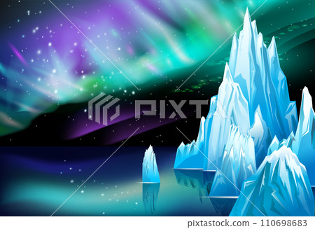 Landscape with Northern lights and snowy mountains Landscape with Northern lights and snowy mountains 110698683