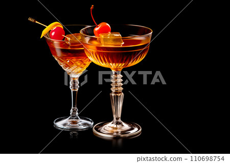 AI-generated content. Set of Bourbon Manhattan cocktail with vermouth and maraschino cherry garnish isolated on black background 110698754