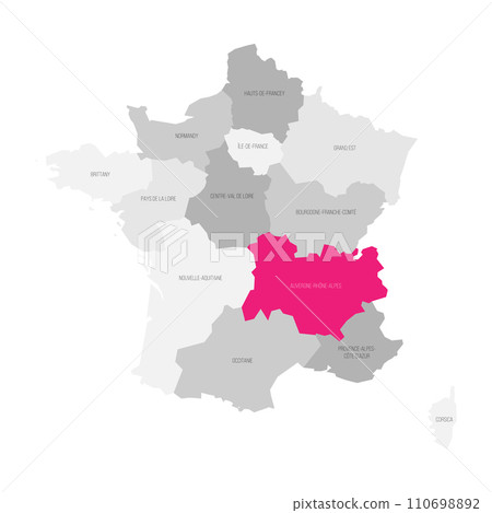 Auvergne-Rhone-Alpes - map of administrative division, region, pink highlighted in map of France Auvergne-Rhone-Alpes - map of administrative division, region, pink highlighted in map of France 110698892
