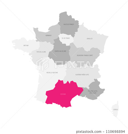 Occitania - map of administrative division, region, pink highlighted in map of France 110698894