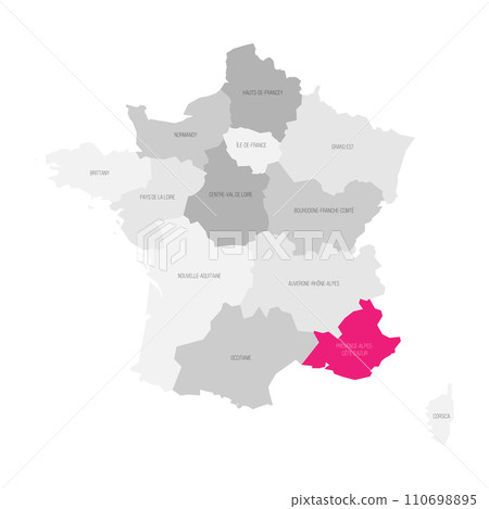 Provence-Alpes-Cote d Azur - map of administrative division, region, pink highlighted in map of France Provence-Alpes-Cote d Azur - map of administrative division, region, pink highlighted in map of France 110698895